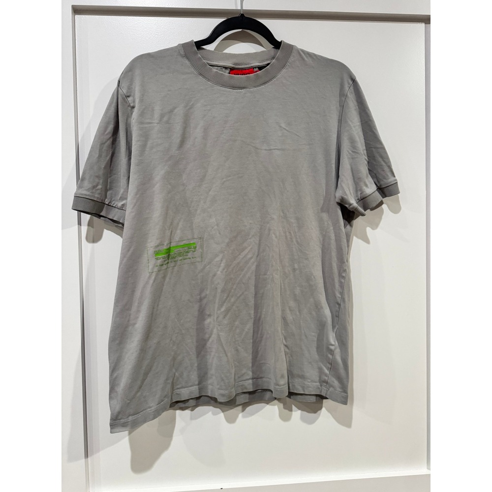 Hugo‎ Boss Hugo Mens Grey T-Shirt Neon Green Graphic Patch Ribbed Cuffs Size M